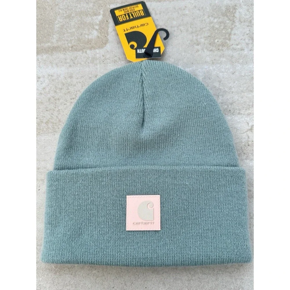 Carhartt Kids Knit A18 Rubber Patch Beanie Beanie Hat In Pantina New With Tags - Picture 4 of 8